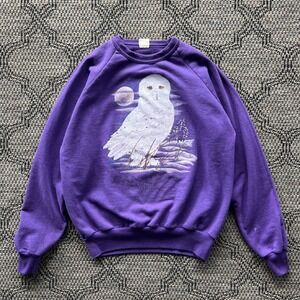 Vintage Snowy Owl Sweatshirt Men Small Purple Wildlife Raglan Tundra Bird Nature